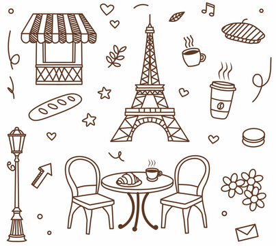 Hand-Drawn Paris Street Cafe and Eiffel Tower Doodle Collection