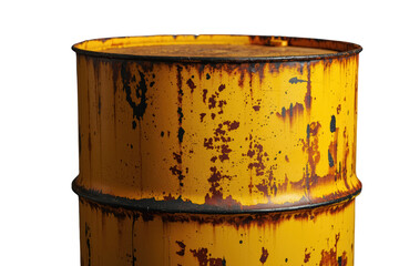 Fototapeta premium Rusty yellow metal oil drum representing industrial waste, danger, corrosion, and environmental pollution concept