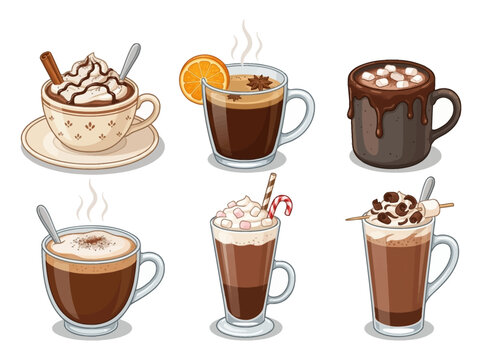 Six cartoon-style hot chocolate beverages with various toppings and garnishes in glass and ceramic cups on white background, steaming and decorated with marshmallows, whipped cream, and cand