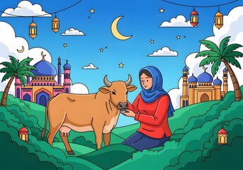 Naklejka premium A woman in a hijab feeds a cow in a serene landscape with a mosque