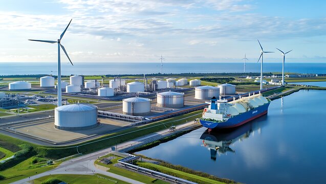 Futuristic wind powered LNG terminal with storage tanks and docking ships, showcasing renewable energy integration, sustainable infrastructure, maritime logistics, and modern industrial port operation