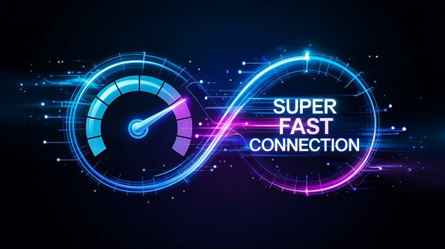 Super fast internet connection concept with speedometer and digital network technology background
