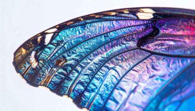 Macro close-up of iridescent butterfly wing scales with vibrant structural color patterns