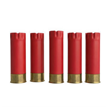 Six red shotgun shells with brass bases isolated on transparent background