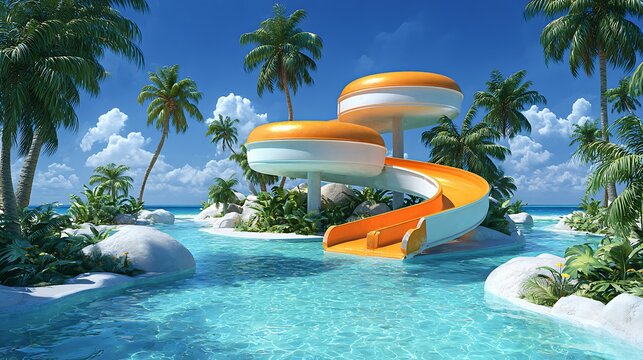 Orange and white water slide spiraling into a tropical lagoon pool surrounded by palm trees