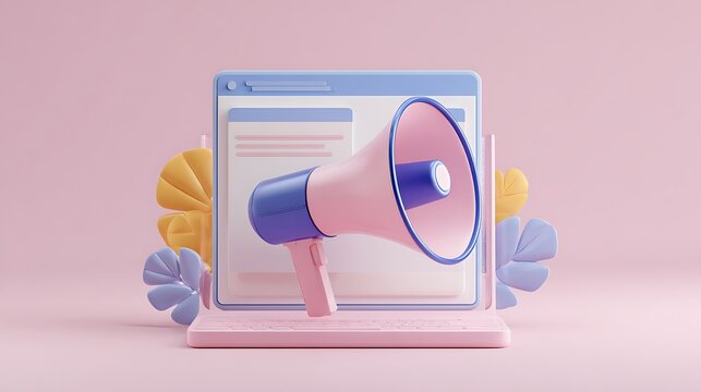 Pastel colored megaphone on a laptop screen with decorative leaf shapes on a soft pink
