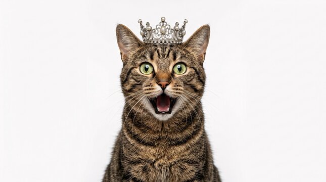 Studio portrait of an amusing brown tabby cat with wide green eyes and an open mouth in a funny gasp, wearing an intricate silver crown.