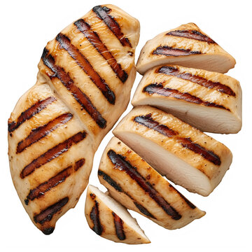 Sliced grilled chicken breast with dark grill marks isolated on transparent background