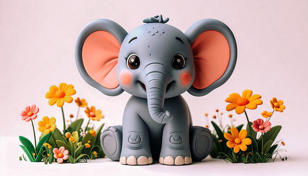 Petit &eacute;l&eacute;phant assis parmi les fleurs, sc&egrave;ne en 3 d