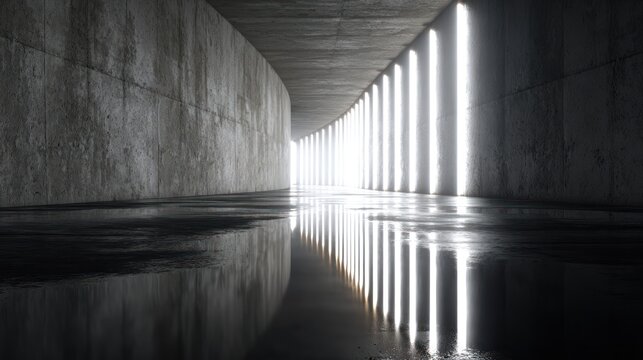 Fluorescent light strips illuminate the curved walls and wet floor of a dark, monolithic concrete passage