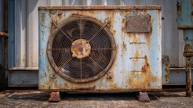 Stunning photo of old and rusty outdoor air conditioning condenser unit with visible corrosion and dust.