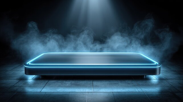 Illuminated futuristic platform emits glowing blue light surrounded by atmospheric vapor