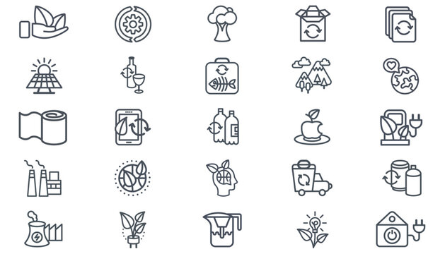 25 Black Vector Icon Set Collection Bundle featuring Environment, Sustainability, Recycling, Green Energy, Nature, Industry, and Technology Symbols. Minimalist Line Art for Eco-friendly Designs.