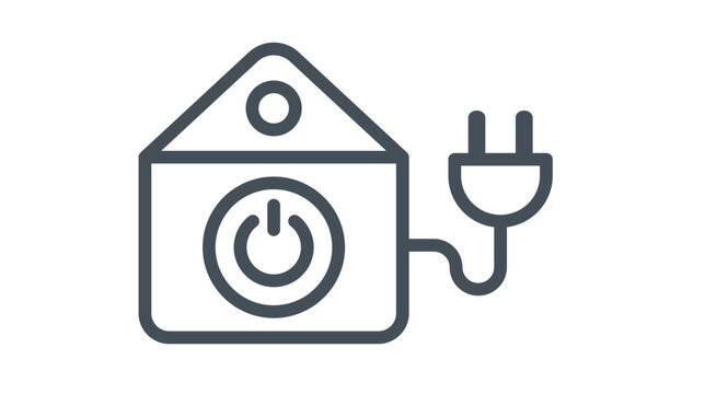Smart home automation vector icon illustration featuring a house silhouette with a central power button and an attached electrical plug, representing energy efficiency and modern technology.