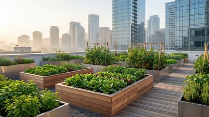 Fototapeta premium A vibrant rooftop garden filled with fresh vegetables and herbs, showcasing sustainable urban living against a backdrop of modern skyscrapers.