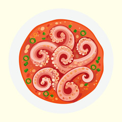 Spicy octopus stew with vegetables in a bowl for delicious korean seafood meal and restaurant menu branding - Vector Illustration © powdesign