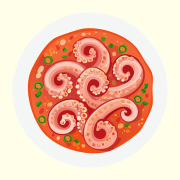 Spicy octopus stew with vegetables in a bowl for delicious korean seafood meal and restaurant menu branding - Vector Illustration