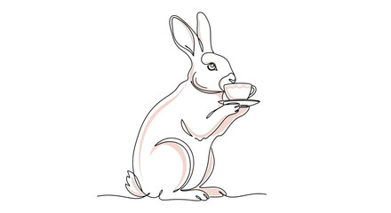 Obraz premium Continuous one line drawing of a cute rabbit drinking tea from a porcelain cup and saucer, minimalist bunny vector illustration for logo or decorative art