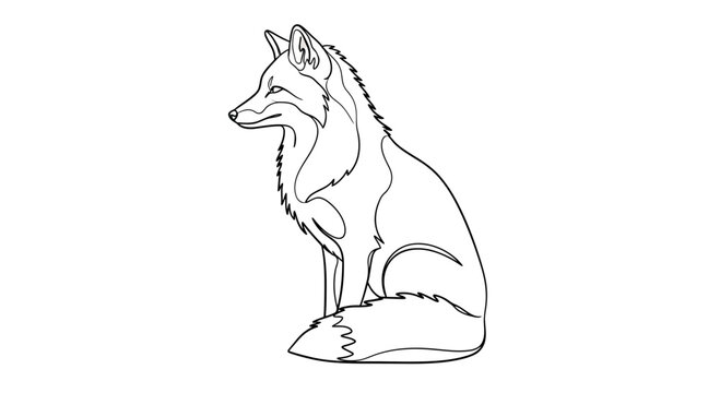 Minimalist Fox Line Art Illustration, Side Profile of a Sitting Wild Fox Vector Outline Isolated on White Background