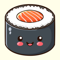 Cute sushi roll character with salmon and rice with a happy smiling face for japanese cuisine - Vector Illustration © powdesign
