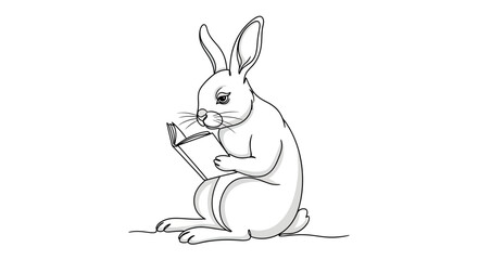 Obraz premium Minimalist Continuous Line Drawing of a Cute Rabbit Reading a Book, Vector Illustration of a Smart Hare Studying