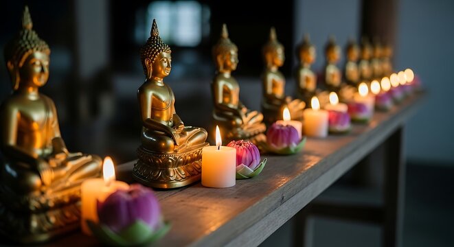 A serene row of golden Buddha statues with lit candles and lotus holders on a wooden surface, creating a peaceful spiritual ambiance.