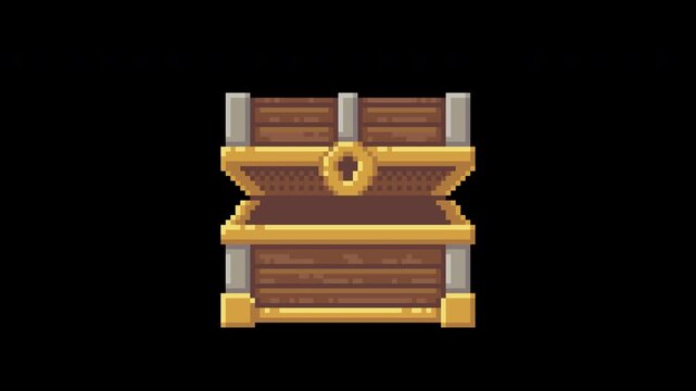 Pixel art animation of treasure chest opening and closing. Looping sequence for game UI, loot systems, rewards and fantasy gameplay visuals.