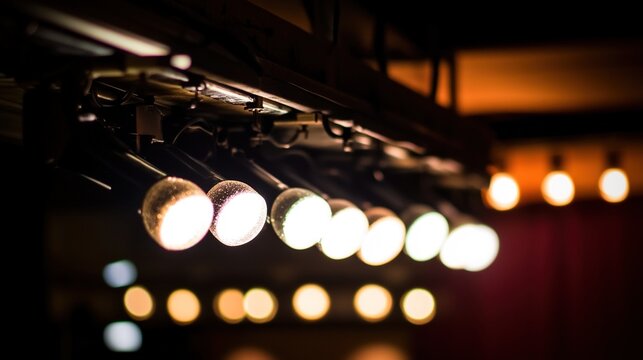 backstage. Backstage of an old theater with a halo of lightbulbs and sequined costumes reflected in a mirror. event programs.