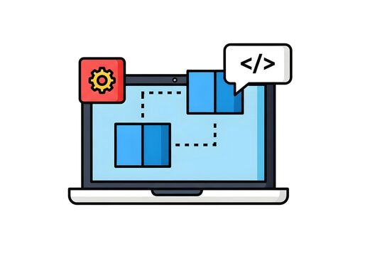 A cartoon laptop with coding symbols and a gear on the screen