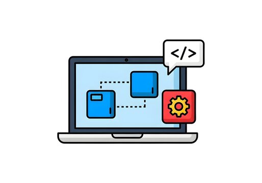 A cartoon laptop with coding symbols and a gear on the screen