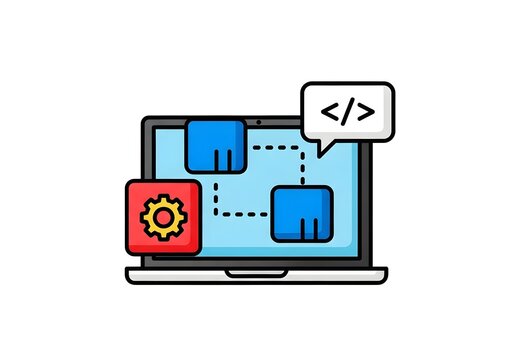 A cartoon laptop with coding symbols and a gear on the screen