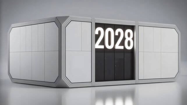 Modular datacenter pod with 2028 marking &ndash; Ideal for cloud computing.