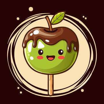 Green caramel apple on a stick with chocolate topping for autumn festival and sweet candy treat - Vector Illustration