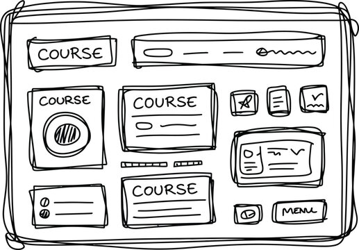 Hand drawn website interface layout featuring multiple course modules and navigation menu for educational learning platforms