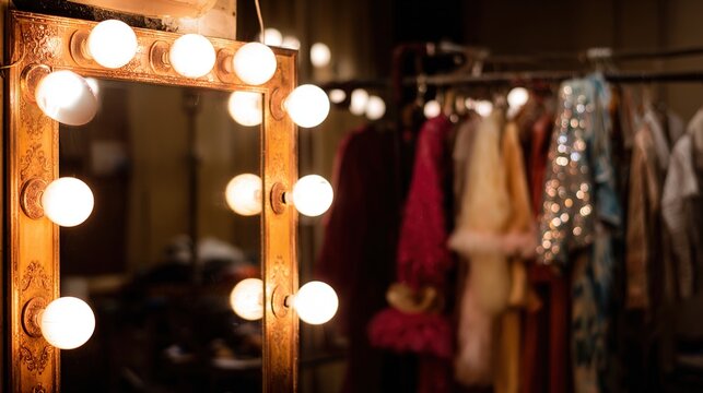 backstage. Backstage of an old theater with a halo of lightbulbs and sequined costumes reflected in a mirror. event programs.