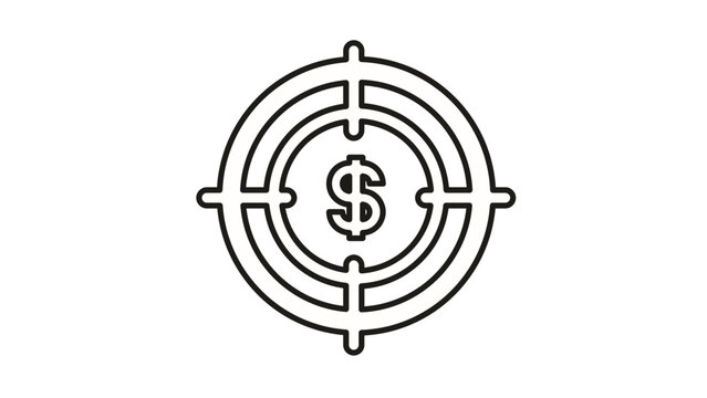 Minimalist black line vector icon of a target crosshair with a dollar sign symbol at the center, representing financial goals, investment targeting, profit objectives, and business strategy.