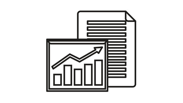 Business report and data analysis vector icon illustration featuring a document with a growth chart, bar graph, and upward arrow, symbolizing financial success, statistics, and analytics.
