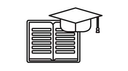 Education and graduation vector icon featuring a black line art illustration of an open textbook with a mortarboard cap, representing academic success, university learning, and knowledge.