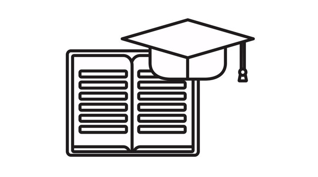 Education and graduation vector icon featuring a black line art illustration of an open textbook with a mortarboard cap, representing academic success, university learning, and knowledge.
