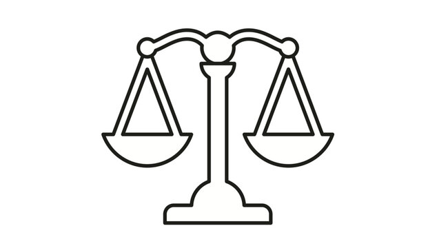 Scales of Justice Vector Icon Illustration: Minimalist Black Line Art Symbol for Law, Legal System, Equality, Fairness, and Judicial Balance, Scalable Graphic Design Element on White Background