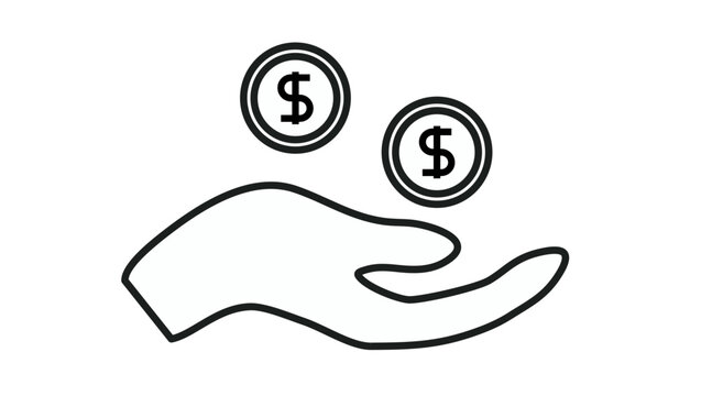 Minimalist black line vector icon illustration of a human hand with two dollar coins floating above it, representing concepts like finance, savings, investment, charity, and payment.