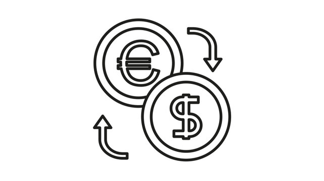 Currency exchange vector icon featuring Euro and Dollar coins with circular arrows representing money conversion, financial transactions, and global trade in a clean minimalist line art style.