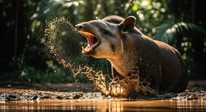 Dramatic Tapir in Amazon River - A Moment of Raw Nature.