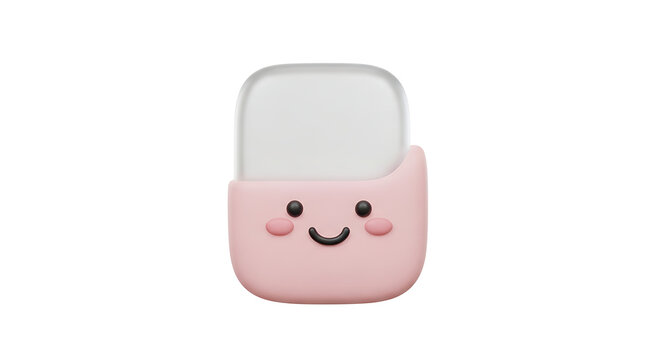 Cute pink eraser with a happy face, simple cartoon illustration for school or art supplies, isolated on white