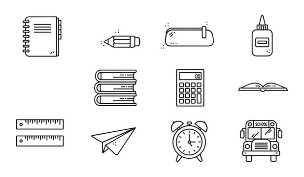 Black and white of school and office supplies including notebook ruler books calculator alarm clock pencil sharpener tape and school bus