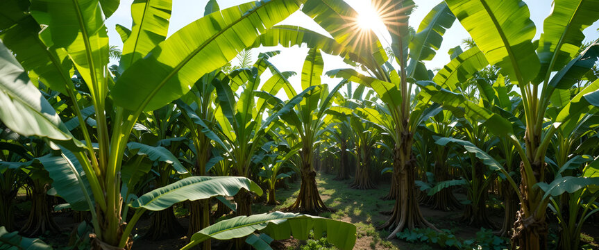 Panoramic View of Banana Plantation in Tropical Sunlight