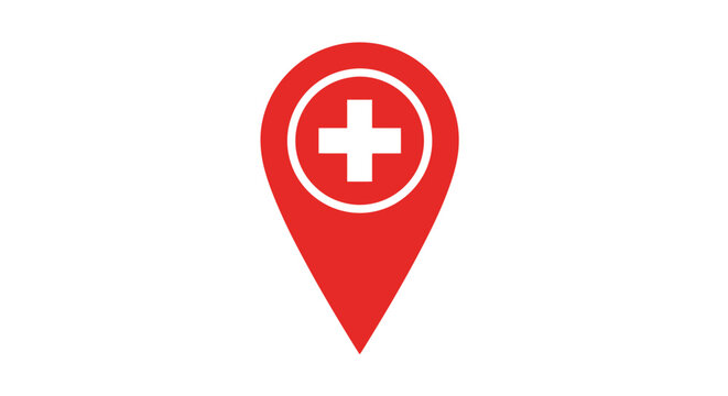 Red medical location pin with white cross.