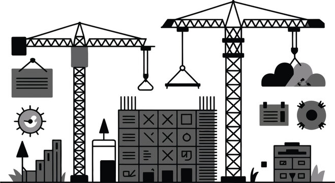 Heavy construction machinery and tower cranes working on a developing urban infrastructure project site area