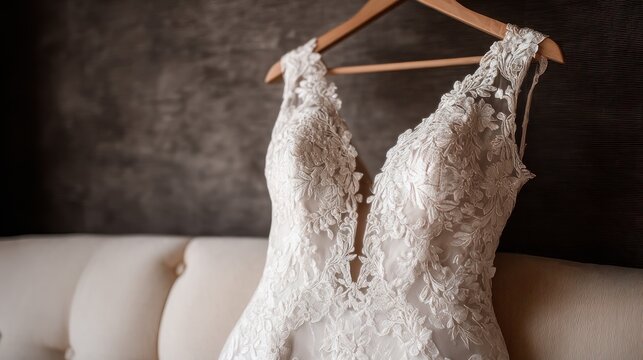 Delicate white gown on hanger, displayed over a cream-colored couch, against a dark backdrop