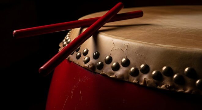 Close-up of a traditional drum with red drumsticks resting on its surface, featuring metallic rivets and a textured drumhead.